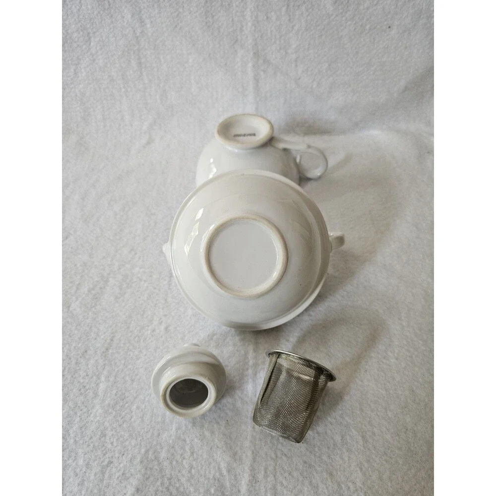 World Market White Tea For One Teapot Cup Set Infuser Ceramic Made In China